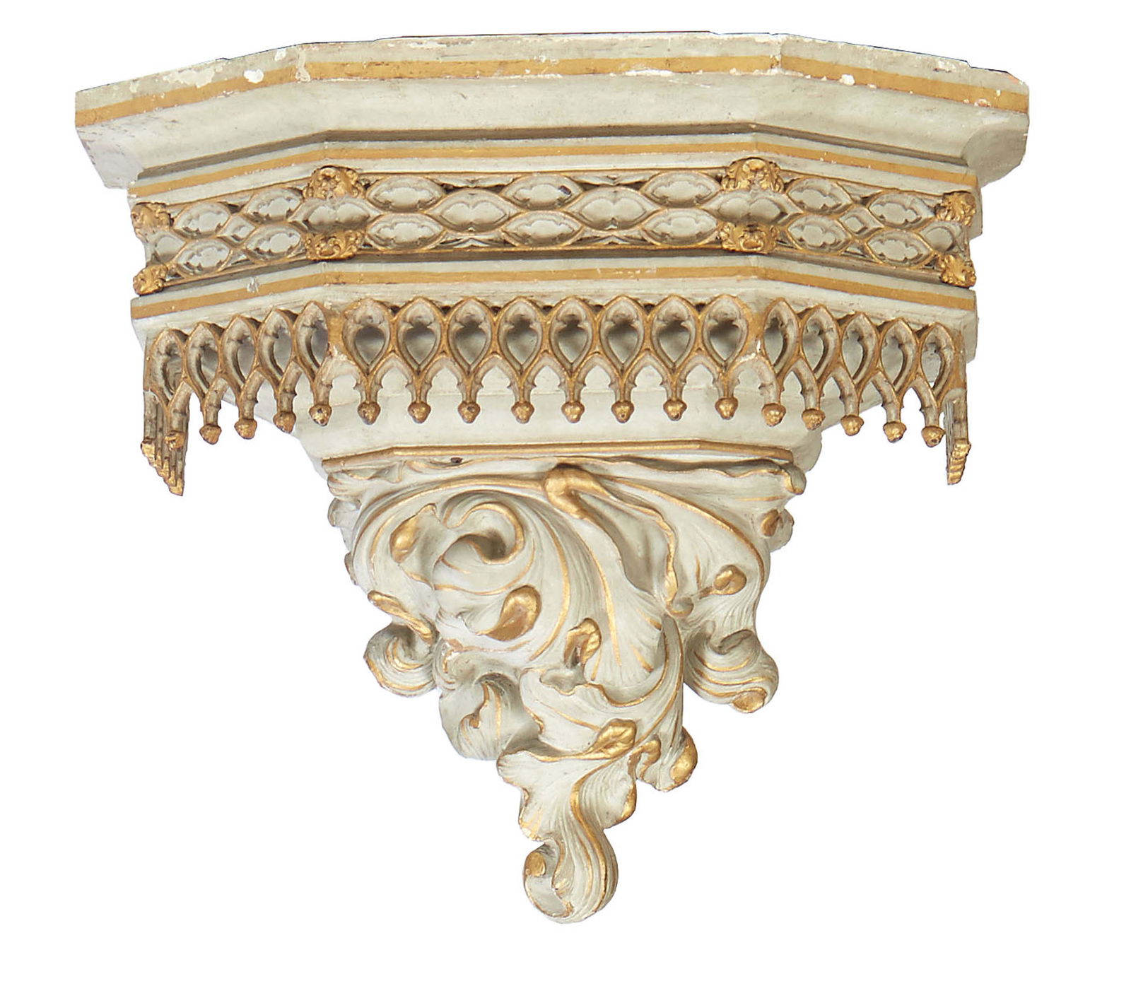 Large Polychromed Plaster Wall Bracket, 20th c., the stepped hexagonal top over a setback relief (1 of 1)