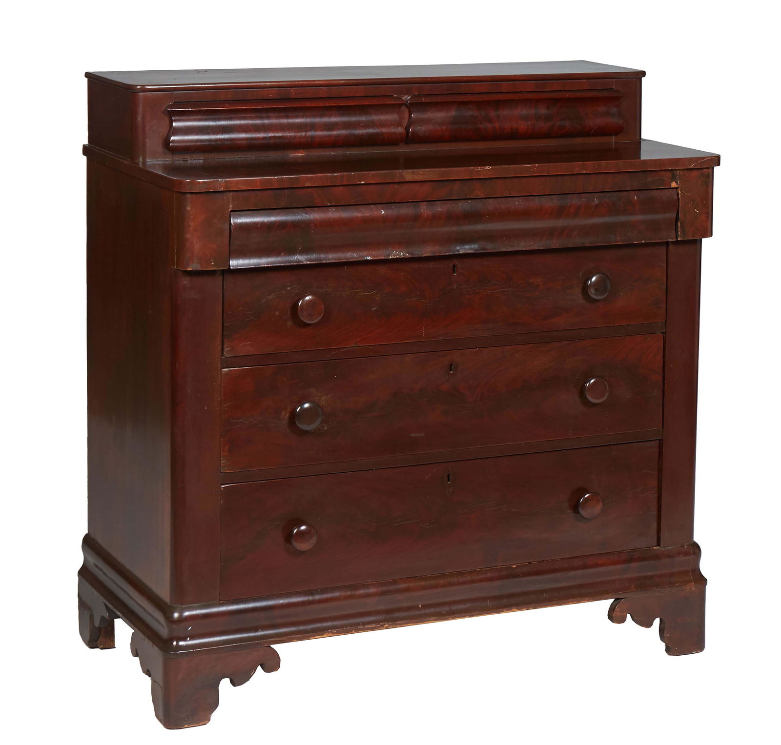 American Classical Carved Mahogany Chest, 19th c., the top with two setback glove drawers on a base (1 of 1)
