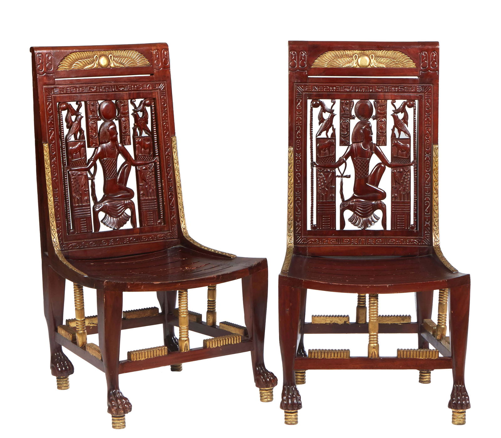 Pair of Gilt Pierced Carved Mahogany Egyptian Revival Side Chairs, 19th c., the crest with gilt (1 of 1)