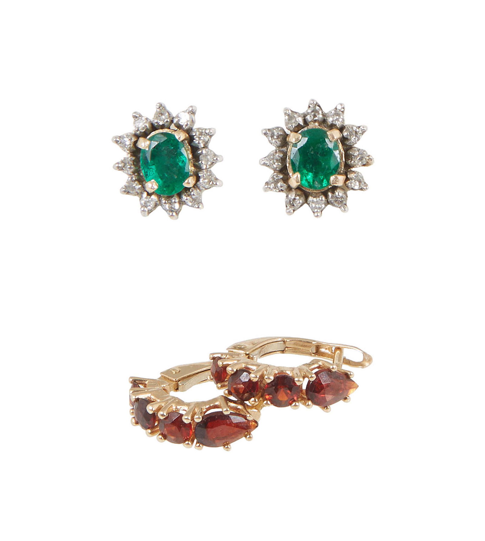 Two Pairs of 14K Yellow Gold Stud Earrings, one with oval emeralds atop borders of tiny round diamon (1 of 3)