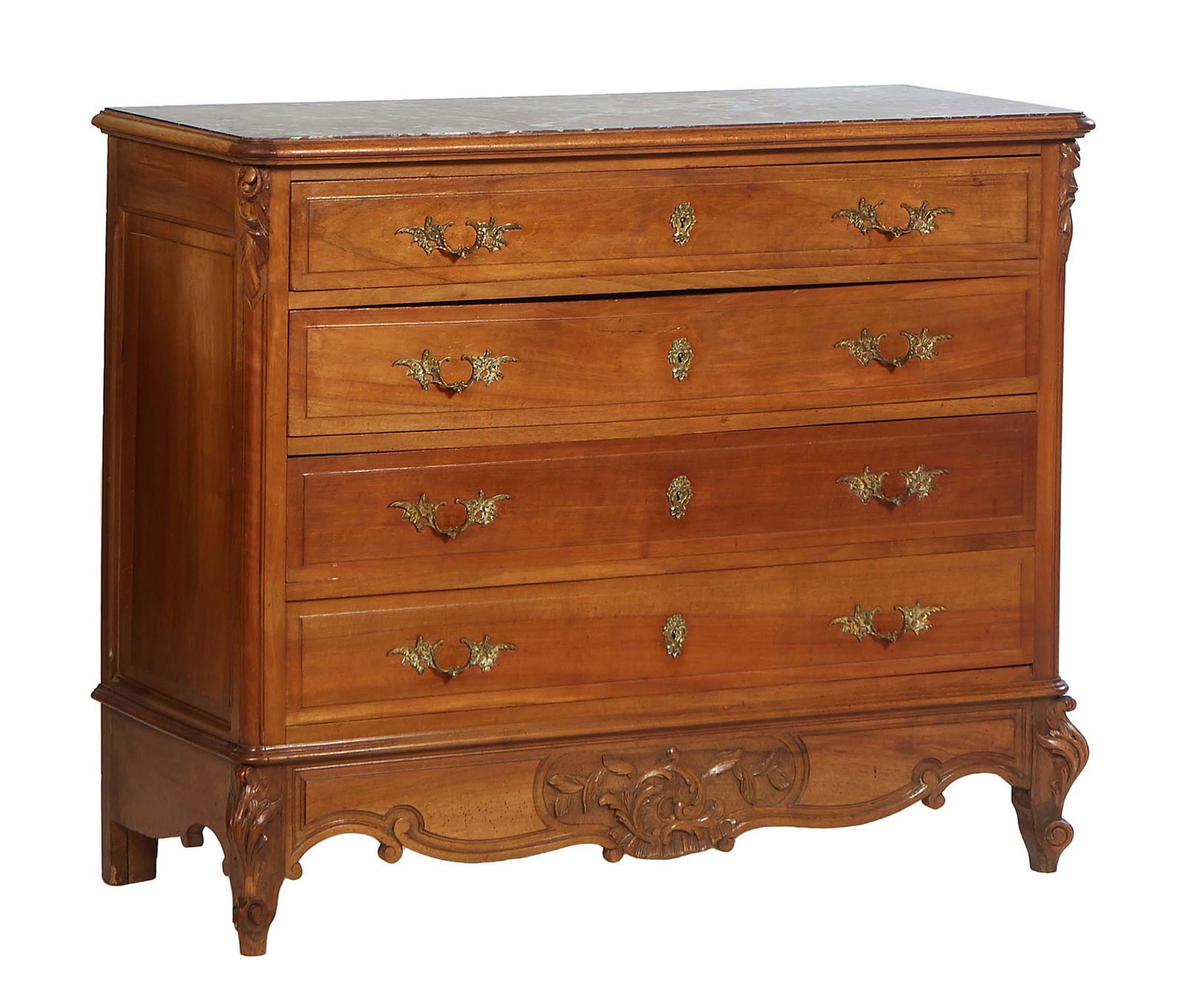 French Louis XV Style Carved Walnut Marble Top Commode, early 20th c., the inset highly figured (1 of 1)