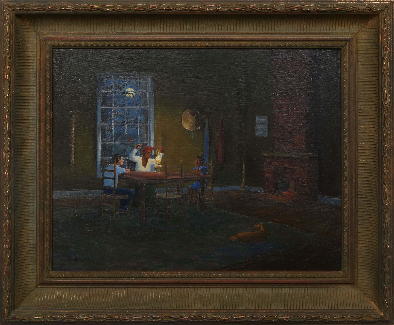 J. Britton, "Full Moon Storytime," 1994, oil on canvas laid to board, signed and dated lower left,: J. Britton, "Full Moon Storytime," 1994, oil on canvas laid to board, signed and dated lower left, presented in a green and gilt frame, H.- 16 3/4 in., W.- 21 1/2 in., Framed H.- 24 1/8 in., W.- 28 3/