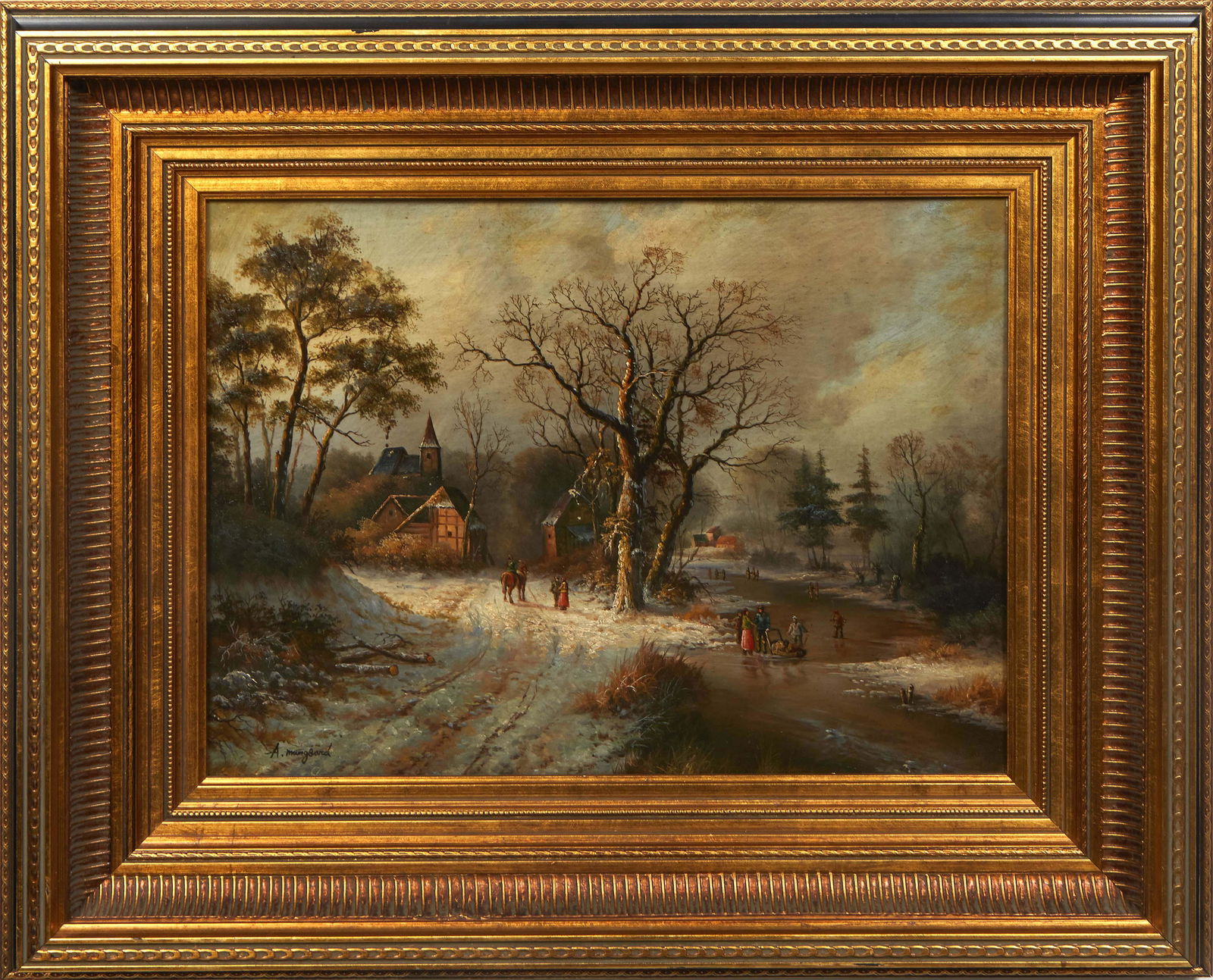 Albert Munghard (American, 1919-1998), "Ice Skating Winter Scene," 20th c., oil on panel, signed (1 of 4)