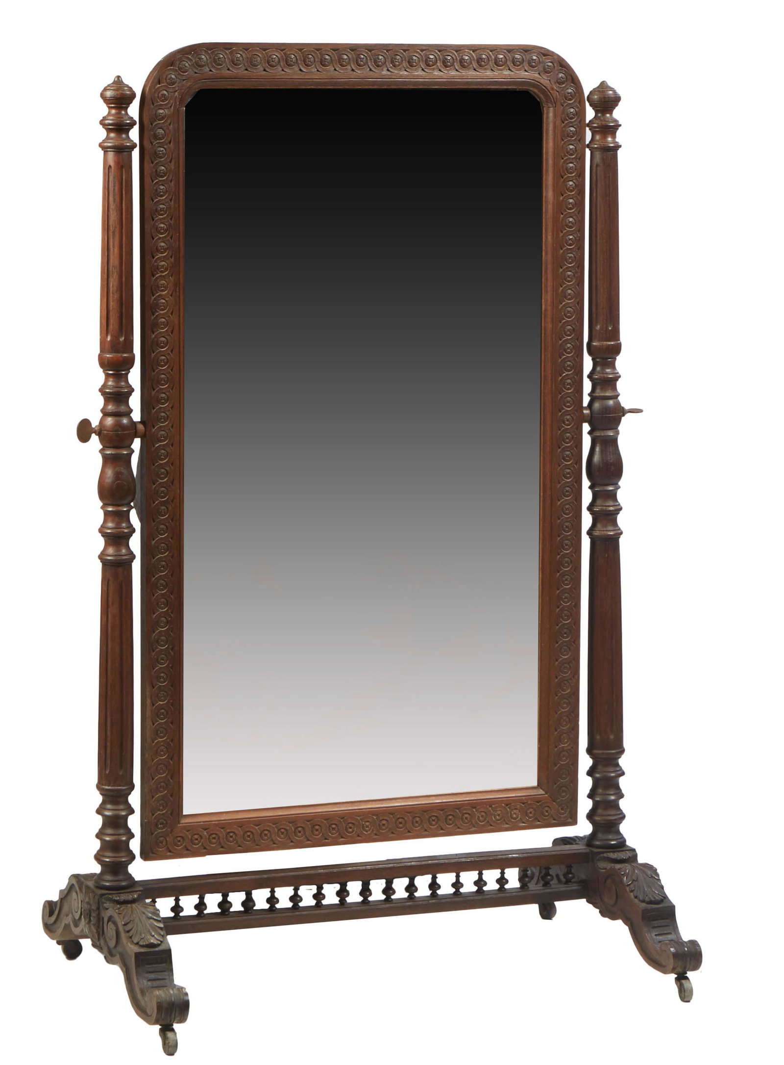 French Carved Oak Cheval Mirror, c. 1870, the arched relief carved lappet frame, around an ached (1 of 1)
