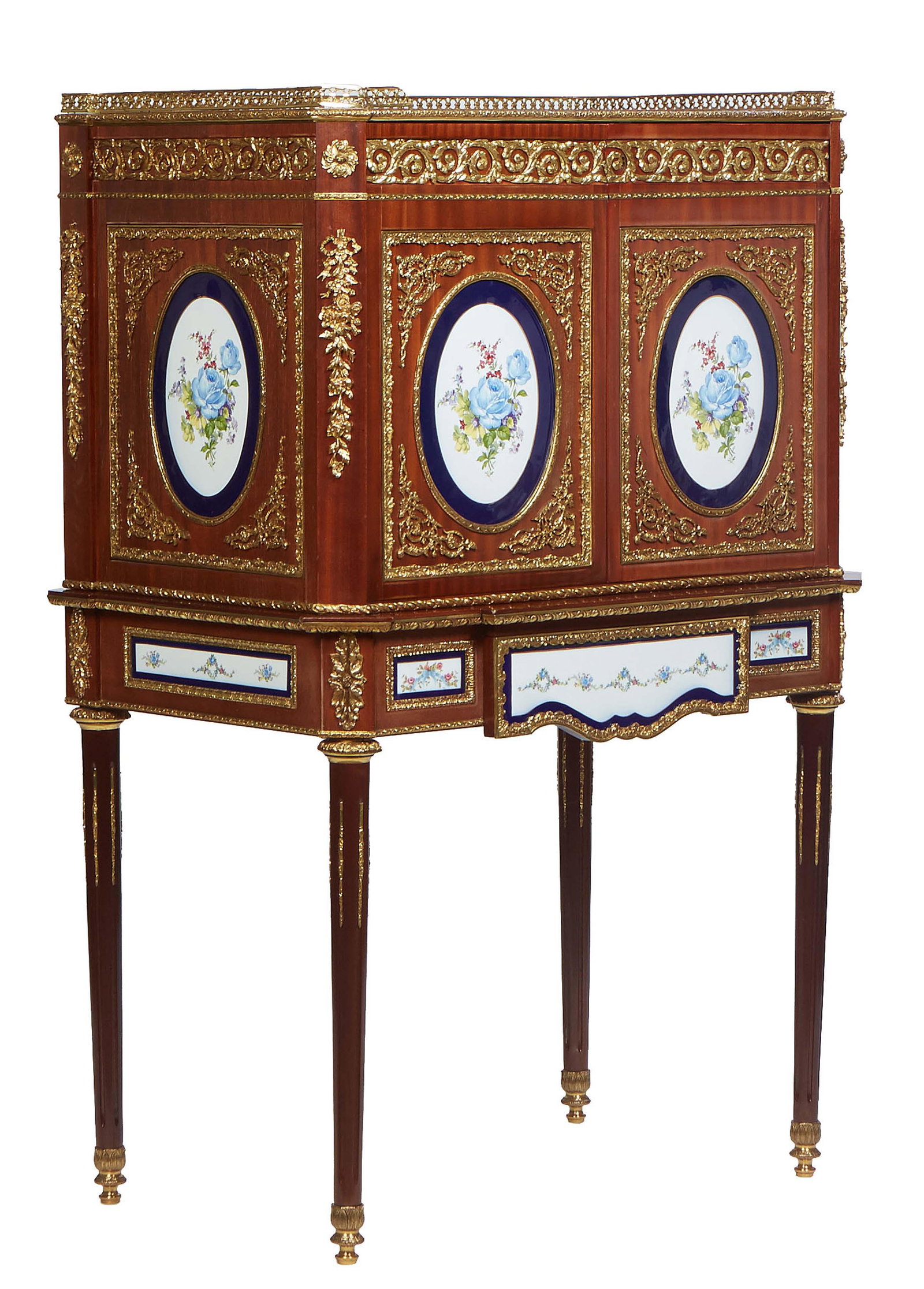 Ormolu Mounted Mahogany Sevres Style Porcelain Plaque Mounted Cabinet on Stand, 20th c., the pierced (1 of 1)