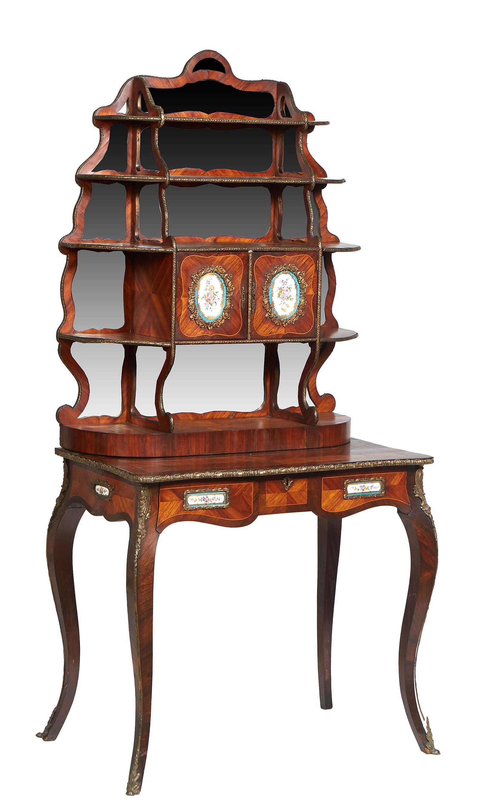 French Louis XV Style Inlaid Ormolu Mounted Kingwood Secretary, early 20th c., the arched mirror (1 of 1)