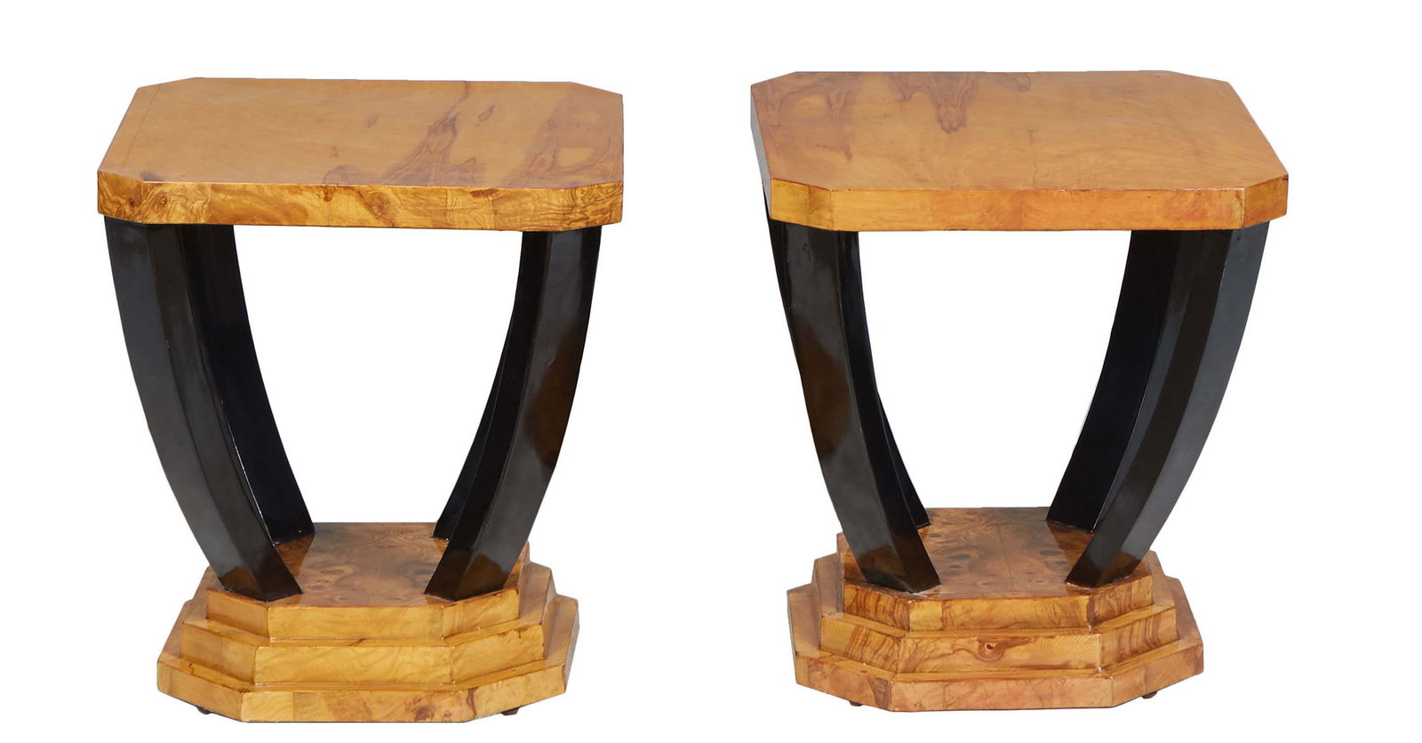 Pair of Art Deco Style Walnut Side Tables, 21st c., the octagonal top on four curved flat ebonized (1 of 1)