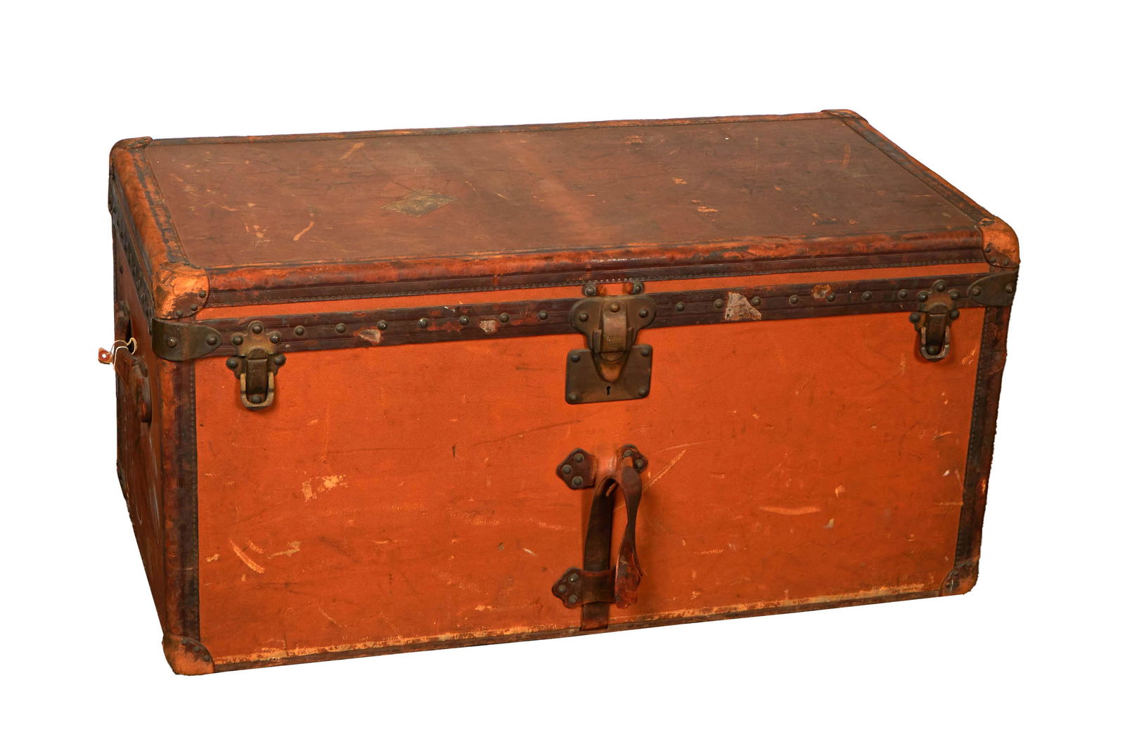Louis Vuitton Steamer Trunk, early 20th c., with iron banding, the inside of the lid with a paper (1 of 4)