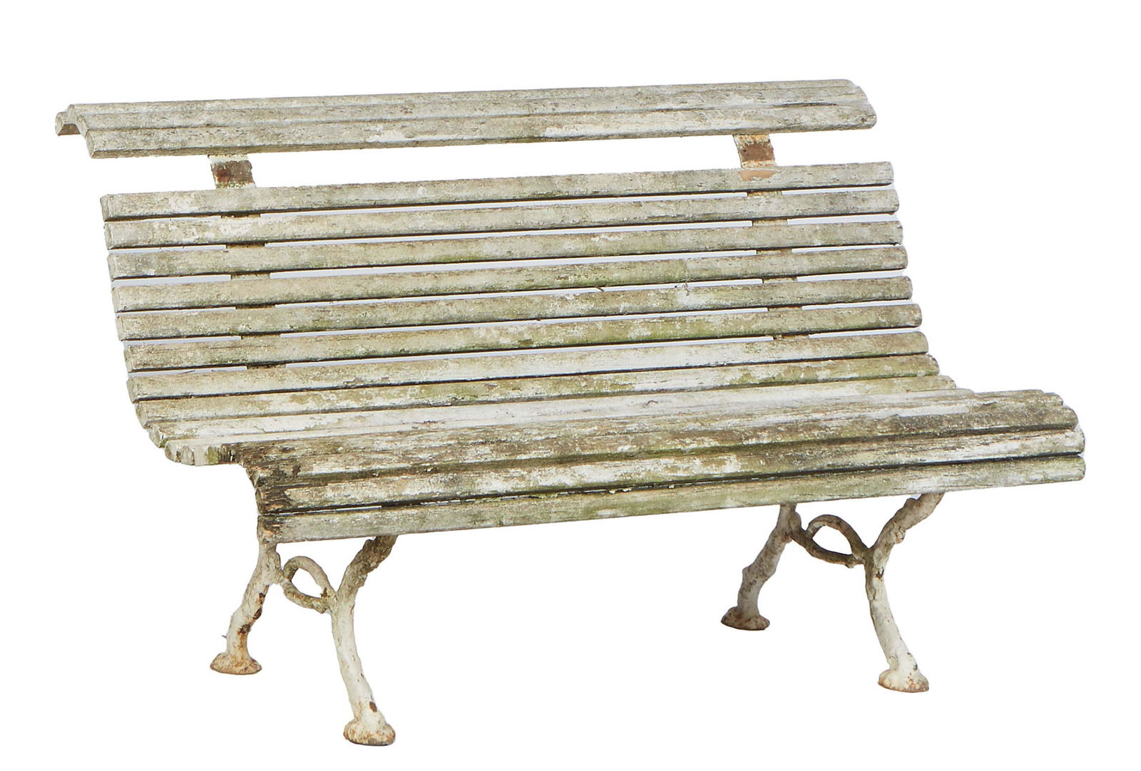 French Cast Iron and Beech Garden Bench, early 20th c., the rolled slat back over a rolled curved (1 of 1)