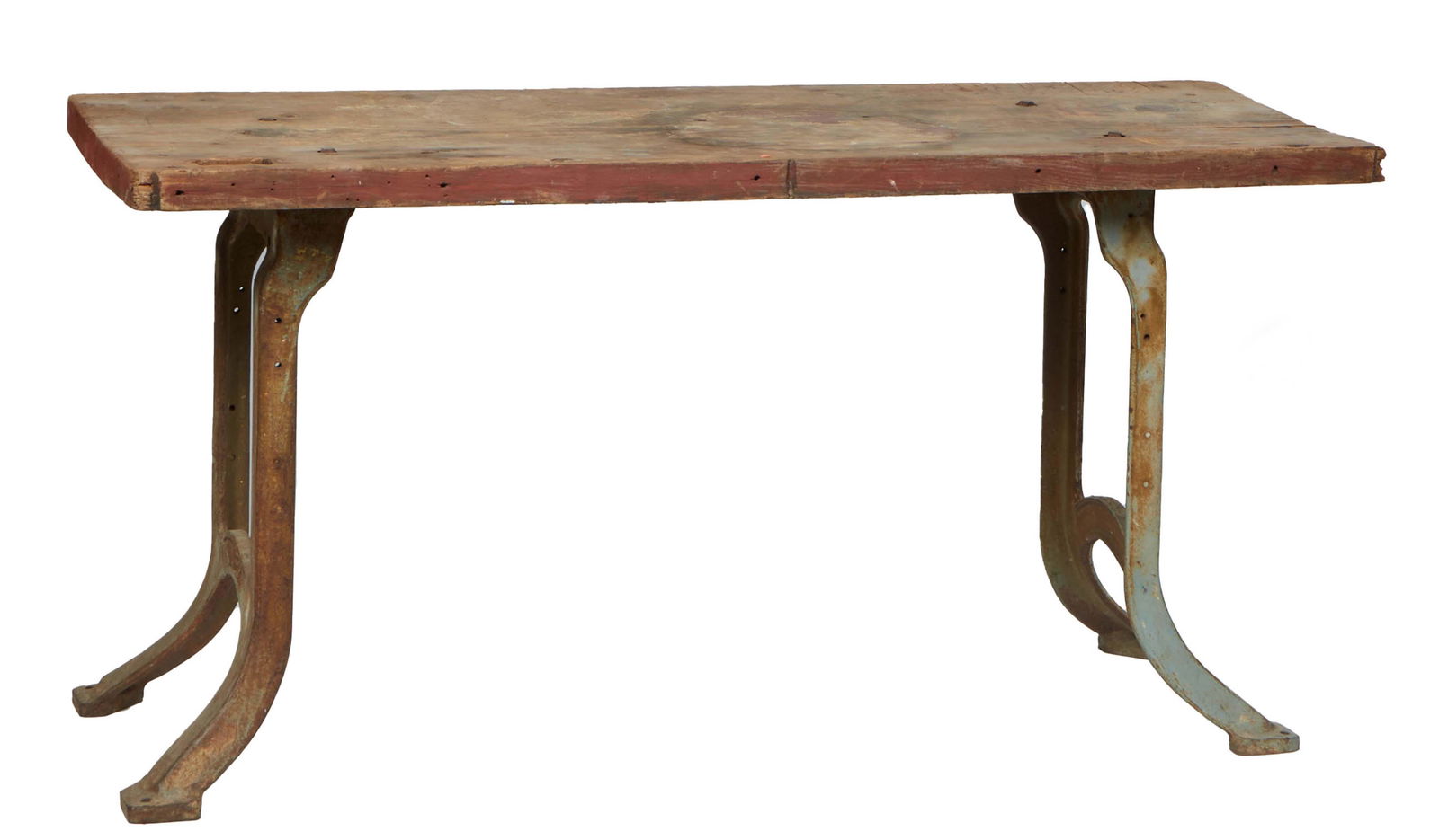 French Art Nouveau Walnut and Iron Work Table, early 20th c., the rectangular wood top on splayed (1 of 1)