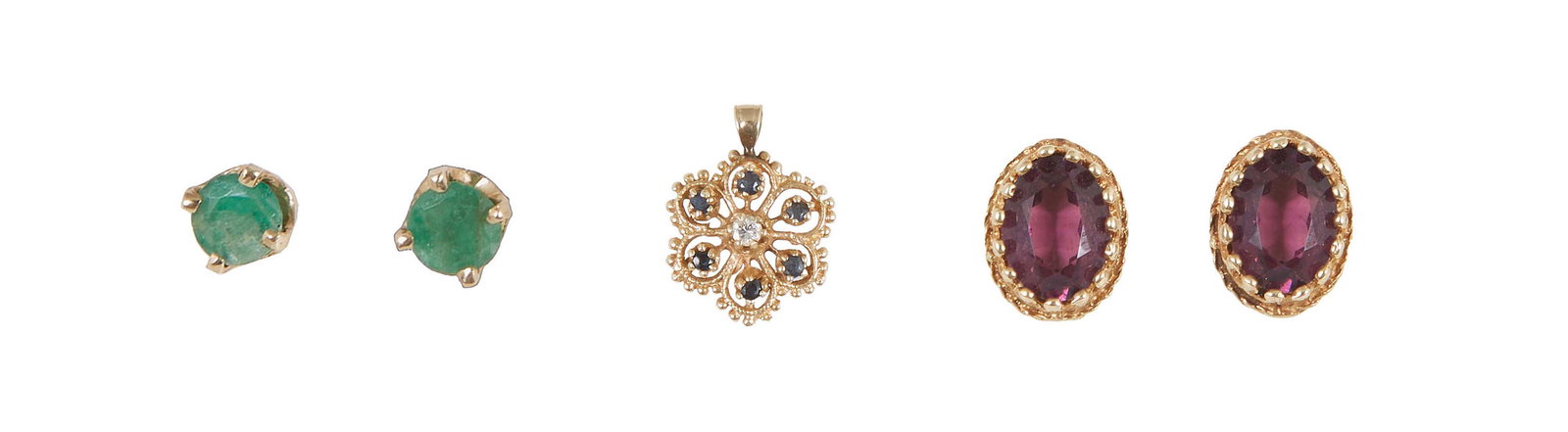 Three Pieces of Vintage 10K Yellow Gold Jewelry, consisting of a floriform pendant with a center dia (1 of 4)