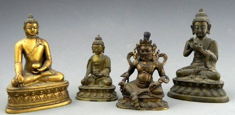 Group of Four Bronze Figures, 19th c., three of Bud: Group of Four Bronze Figures, 19th c., three of Buddha, probably Thailand, one Indian. (4 Pcs.)