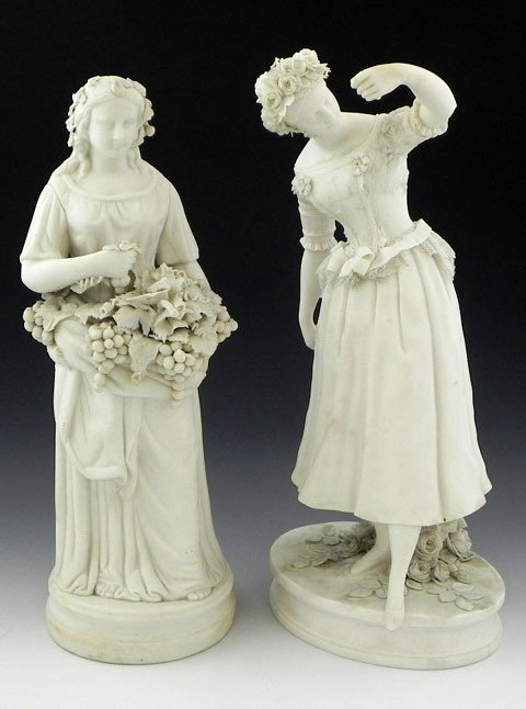 Two Parian Figures, 19th c., one of a female grape: Two Parian Figures, 19th c., one of a female grape harvester, the other a dancer with castanets, the latter as found.