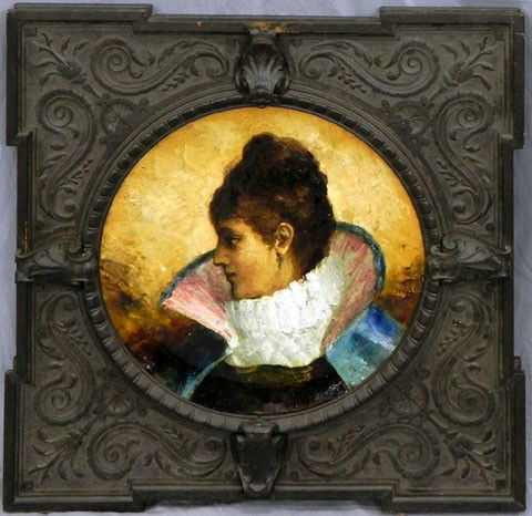 Large Glazed Earthenware Plaque, 19th c., depictin: Large Glazed Earthenware Plaque, 19th c., depicting a woman in a ruffled collar, signed l.r. "Lair," verso signed with a large "DG," presented in an elaborate ebonized carved wooden frame with block c