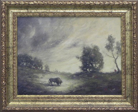 Continental School, "Bull in a Field," 19th c., oi: Continental School, "Bull in a Field," 19th c., oil on canvas, signed indistinctly l.l., framed, H.- 10 in., W.- 13 1/8 in.