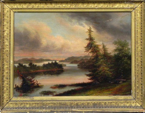 Henry Augustus Ferguson (1842-1911, Hudson River S: Henry Augustus Ferguson (1842-1911, Hudson River School), "Lake Shore Scene," 1867, oil on canvas, signed and dated l.r., framed, H.- 10 in., W.- 14 in.