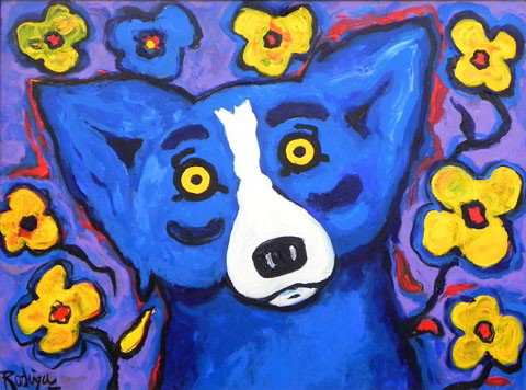 George Rodrigue (1944- ), "Blue Dog is Happy," 2: George Rodrigue (1944- ), "Blue Dog is Happy," 21st c., oil on canvas, signed l.l., framed, H.- 36 in., W.- 48 in.