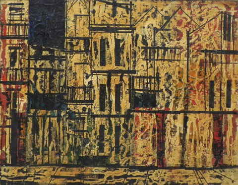 Johnny Donnels (1925-2009), "French Quarter Abstra: Johnny Donnels (1925-2009), "French Quarter Abstract," 20th c., oil on masonite, signed lower center, framed, H.- 24 in., W.- 30 in.