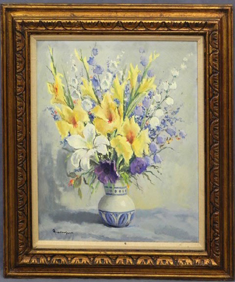Continental School, "Floral Still Life in a Stonew: Continental School, "Floral Still Life in a Stoneware Vase," 20th c., oil on canvas, signed indistinctly l.r., framed, H.- 23 3/4 in., W.- 19 7/8 in.