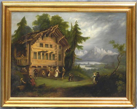 Continental School, "Dancing in the Valley," 19th : Continental School, "Dancing in the Valley," 19th c., oil on canvas, framed, H.- 23 1/2 in., W.- 33 in.