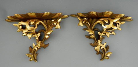 Pair of Florentine Carved Gilt Wood Wall Brackets,: Pair of Florentine Carved Gilt Wood Wall Brackets, early 20th c., H.- 7 in., W.- 10 1/4 in., D.- 4 1/2 in.