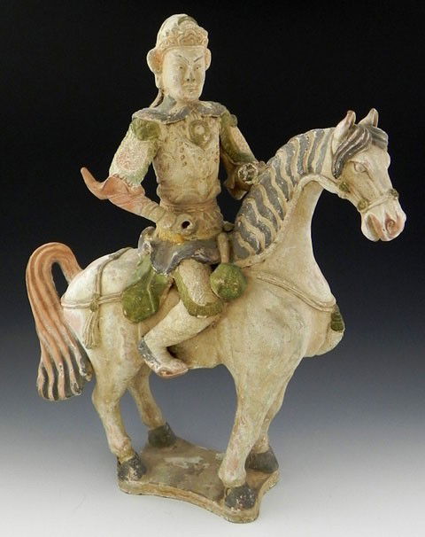 Chinese Polychromed Earthenware Warrior guard on H: Chinese Polychromed Earthenware Warrior guard on Horseback, early 20th c., a tomb figure, with green and yellow glaze, H.- 17 in., W.- 13 1/2 in., D.- 5.