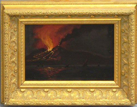 Continental School, "The Volcano," 19th c., oil on: Continental School, "The Volcano," 19th c., oil on canvas, framed, H.- 7 1/8 in., W.- 10 1/4 in.