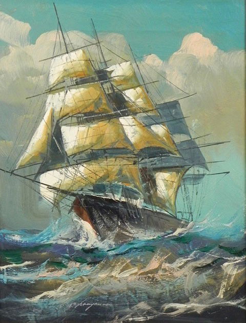 Renato Longanesi (1931- ), "Ship in Full Sail,": Renato Longanesi (1931- ), "Ship in Full Sail," 20th c., oil on canvas, signed l.l., framed, H.- 24 in., W.- 12 in.