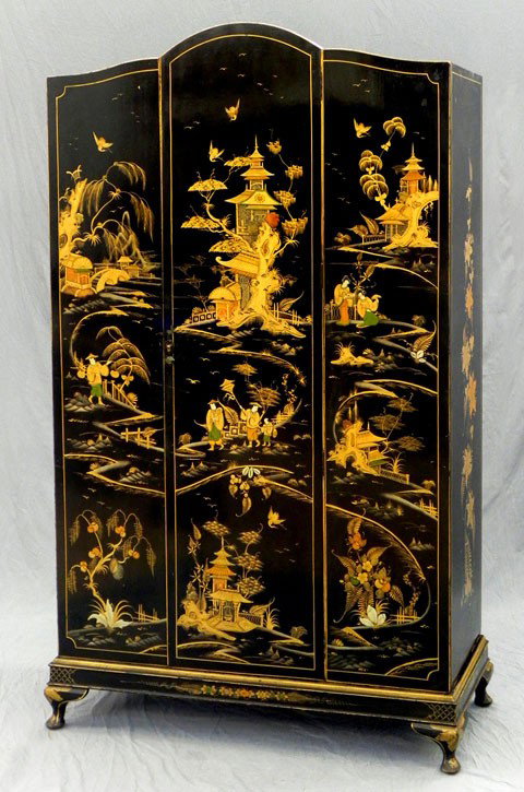 Black Lacquered Chinoisserie Armoire, c. 1920, wi: Black Lacquered Chinoisserie Armoire, c. 1920, with a single central arched door, the front with polychromed landscape and figural decoration, the sides with polychromed floral decoration, H.- 81 in.,