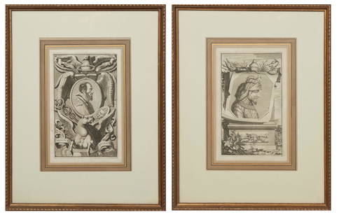 Pieter de Jode, the Younger (Flemish, 1601-1674), "Erycius Puteanus" and "Luchinus Vicecomes," pair: Pieter de Jode, the Younger (Flemish, 1601-1674), "Erycius Puteanus" and "Luchinus Vicecomes," pair of engravings, both presented in matching mats and gilt frames, H.- 12 1/4 in., W- 7-1/2 in., Framed