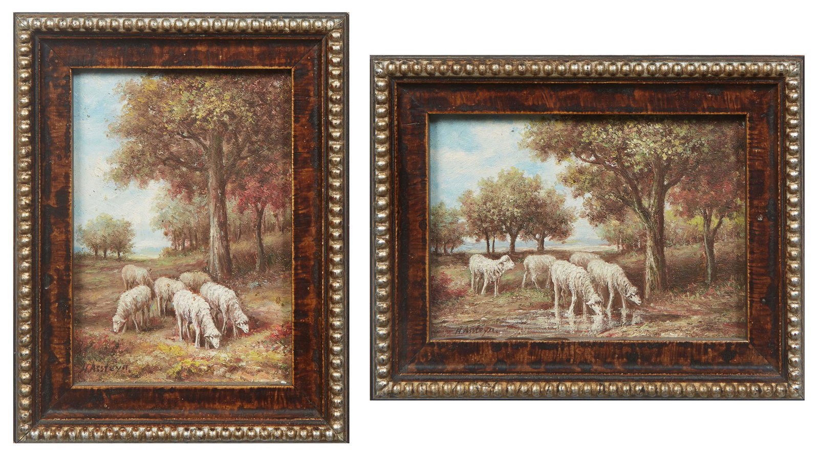 H. Assteya, "Sheep Drinking Water," and "Sheep Grazing," 20th c., pair of oils on board, each signed (1 of 9)