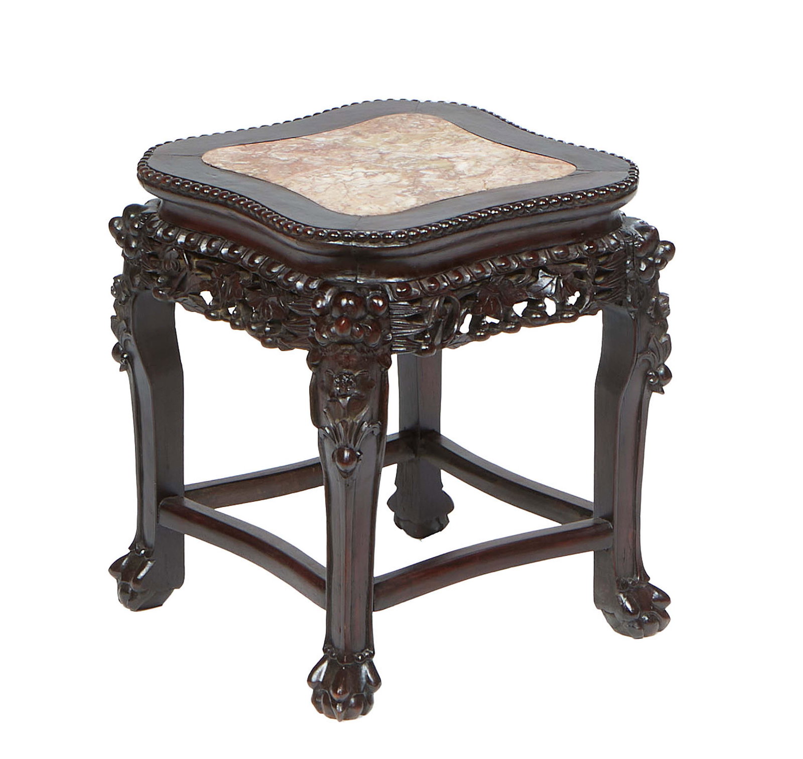 Chinese Carved Hardwood Marble Top Taboret, 20th c., the shaped figured brown marble inset beaded (1 of 1)