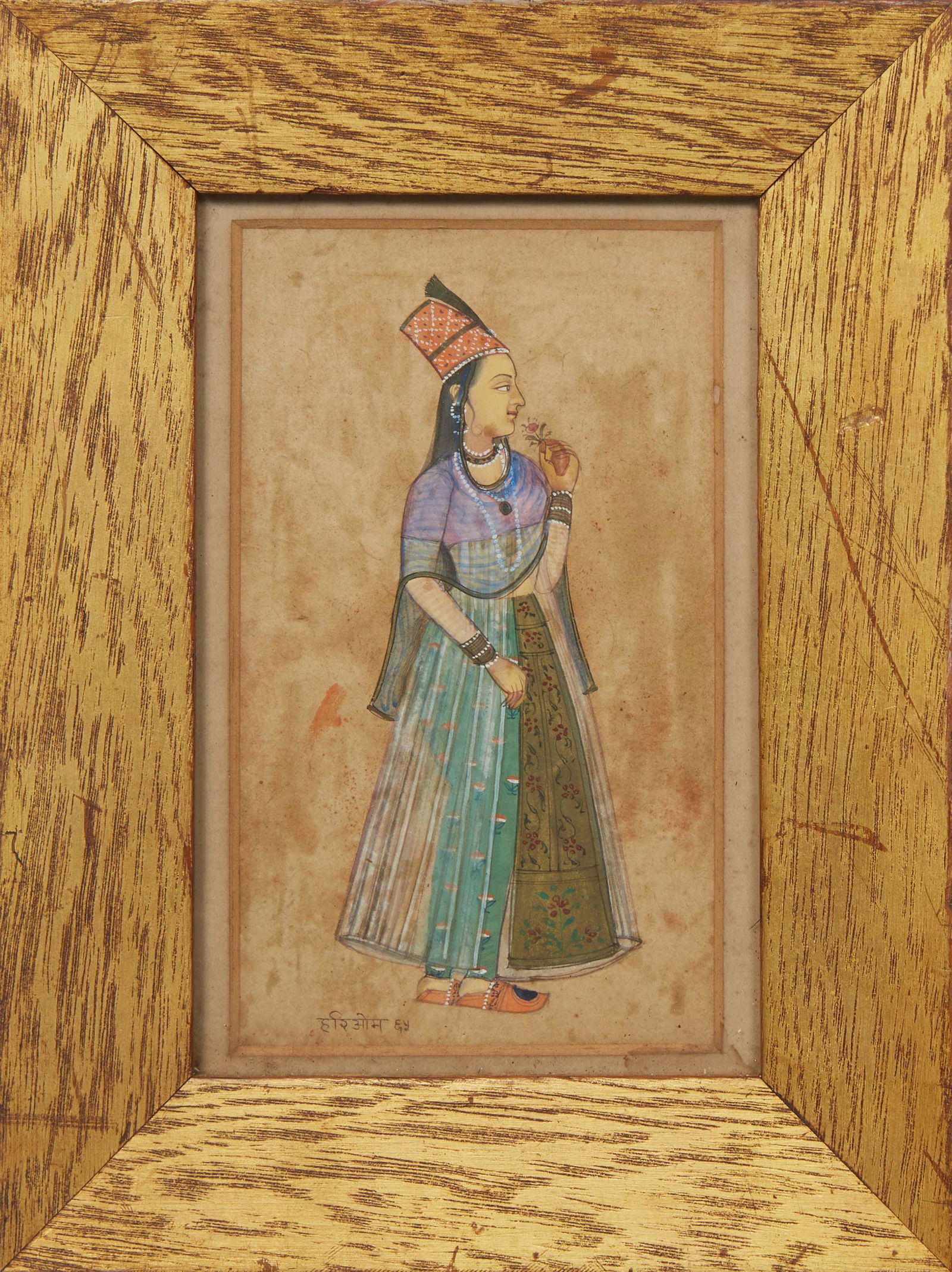 Indian School, "Portrait of a Woman," 19th/20th c., gouache on paper, with a Hindi inscription on (1 of 4)