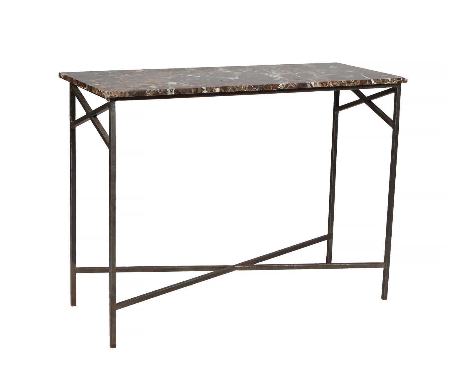 Wrought Iron Marble Top Console Table, 20th c., the rectangular highly figured brown marble on a (1 of 1)