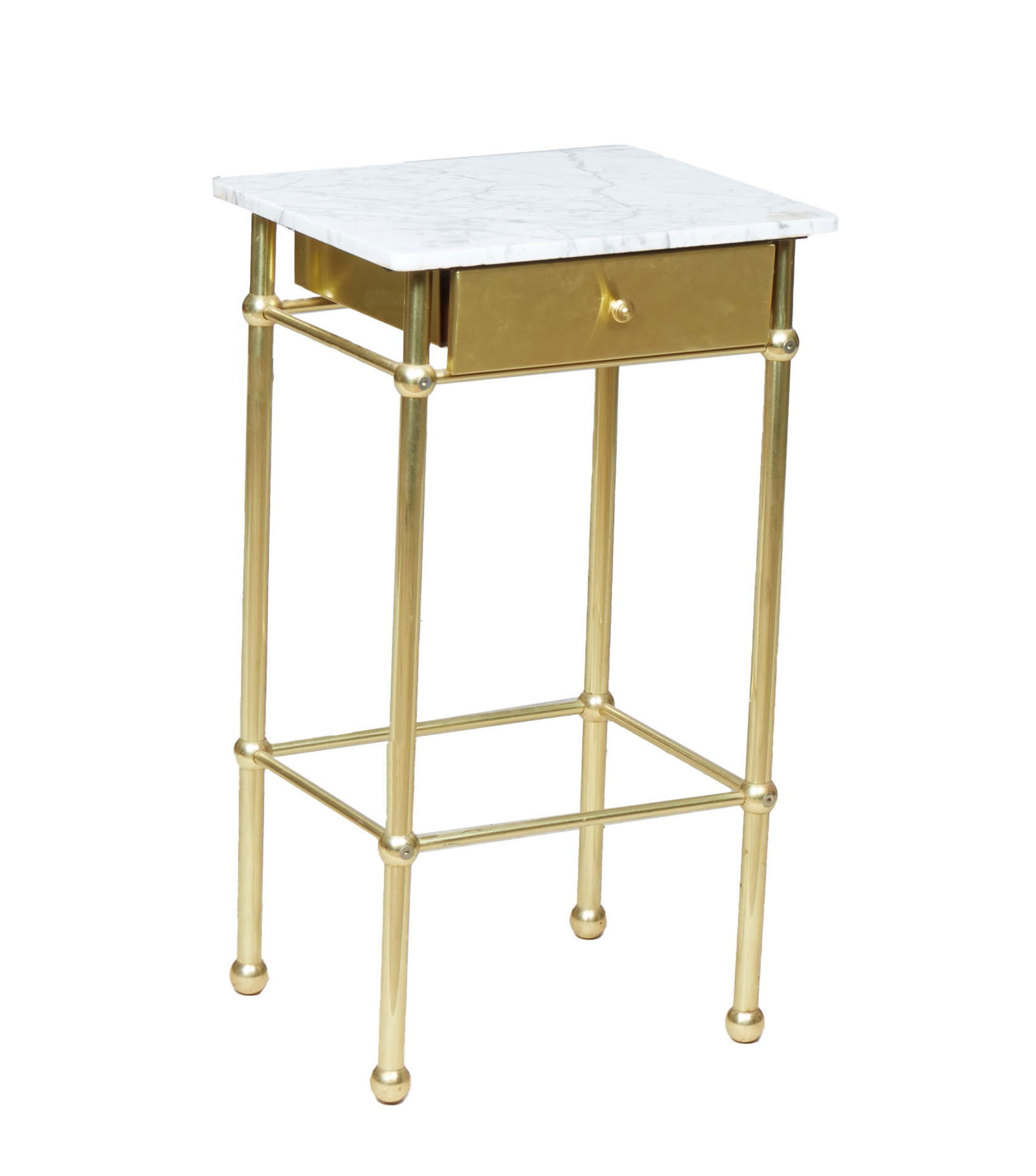 French Brass Art Deco Marble Top Nightstand, 20th c., the rectangular figured rounded center white (1 of 1)