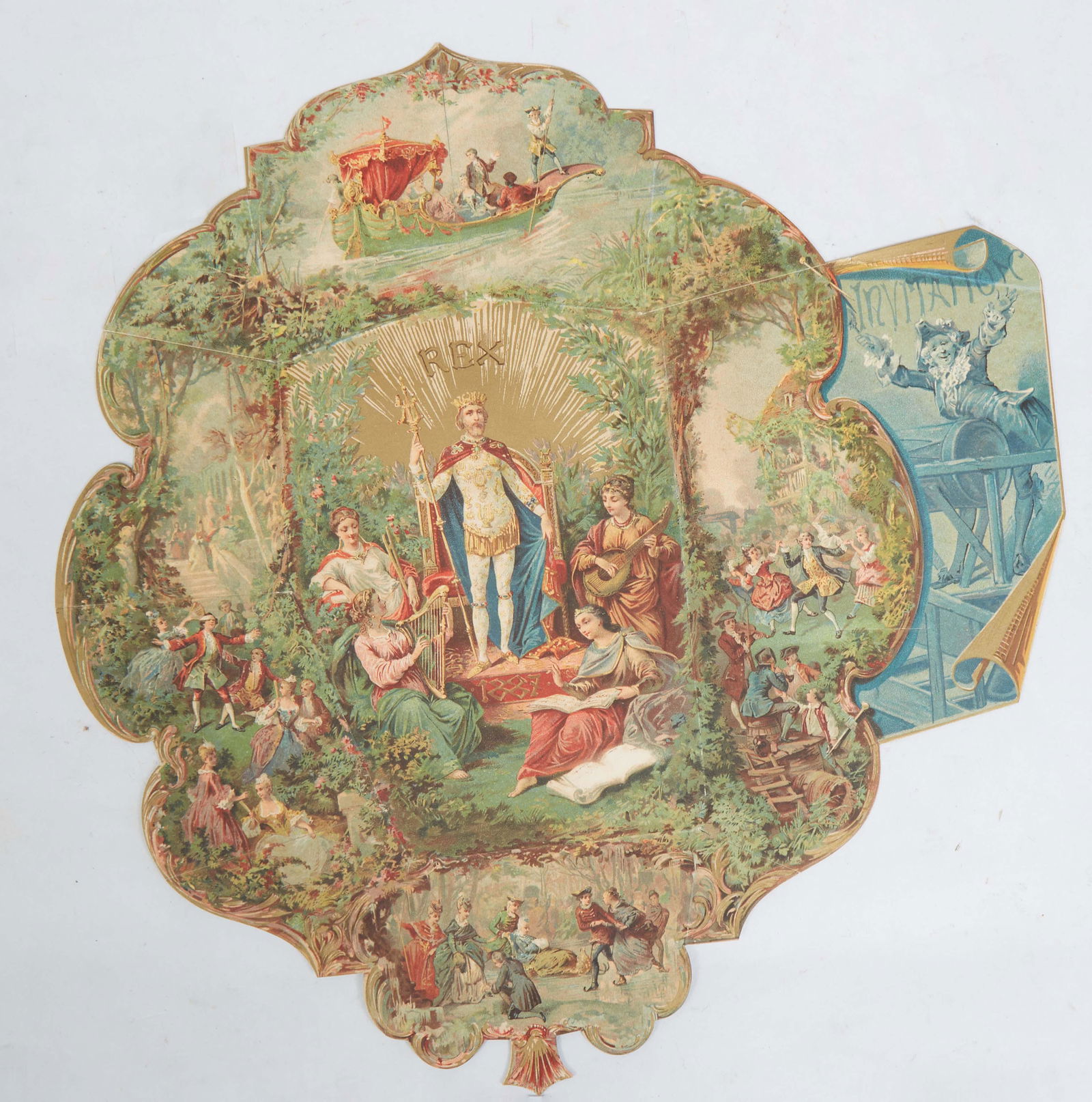 Mardi Gras- Rex Ball Invitation, February 22, 1887, "Music and Drama," presented in rigid plastic (1 of 2)