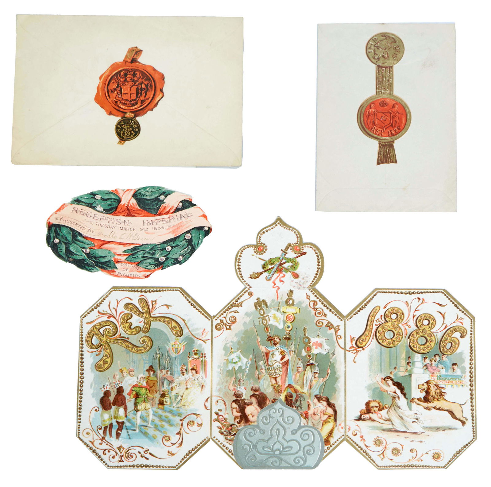 Mardi Gras - Rex Ball Invitation, 1886, "The Triumph of Aurelian" and "Grand Historical Scenes," (1 of 1)