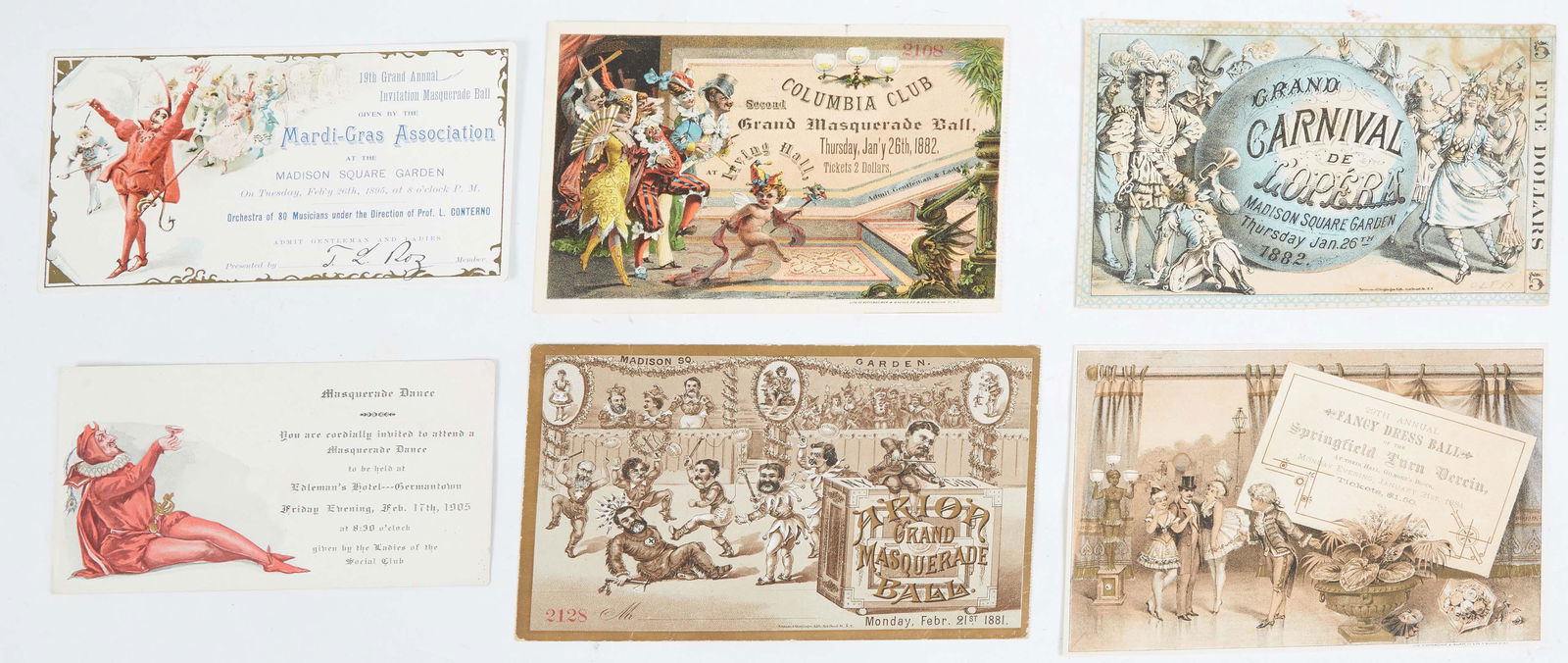 Mardi Gras- Group of Six New York Ball Invitations, 1882, 1905, 1895, 1882, 1881, and 1884,: Mardi Gras- Group of Six New York Ball Invitations, 1882, 1905, 1895, 1882, 1881, and 1884, presented in plastic sleeves. (6 Pcs.)