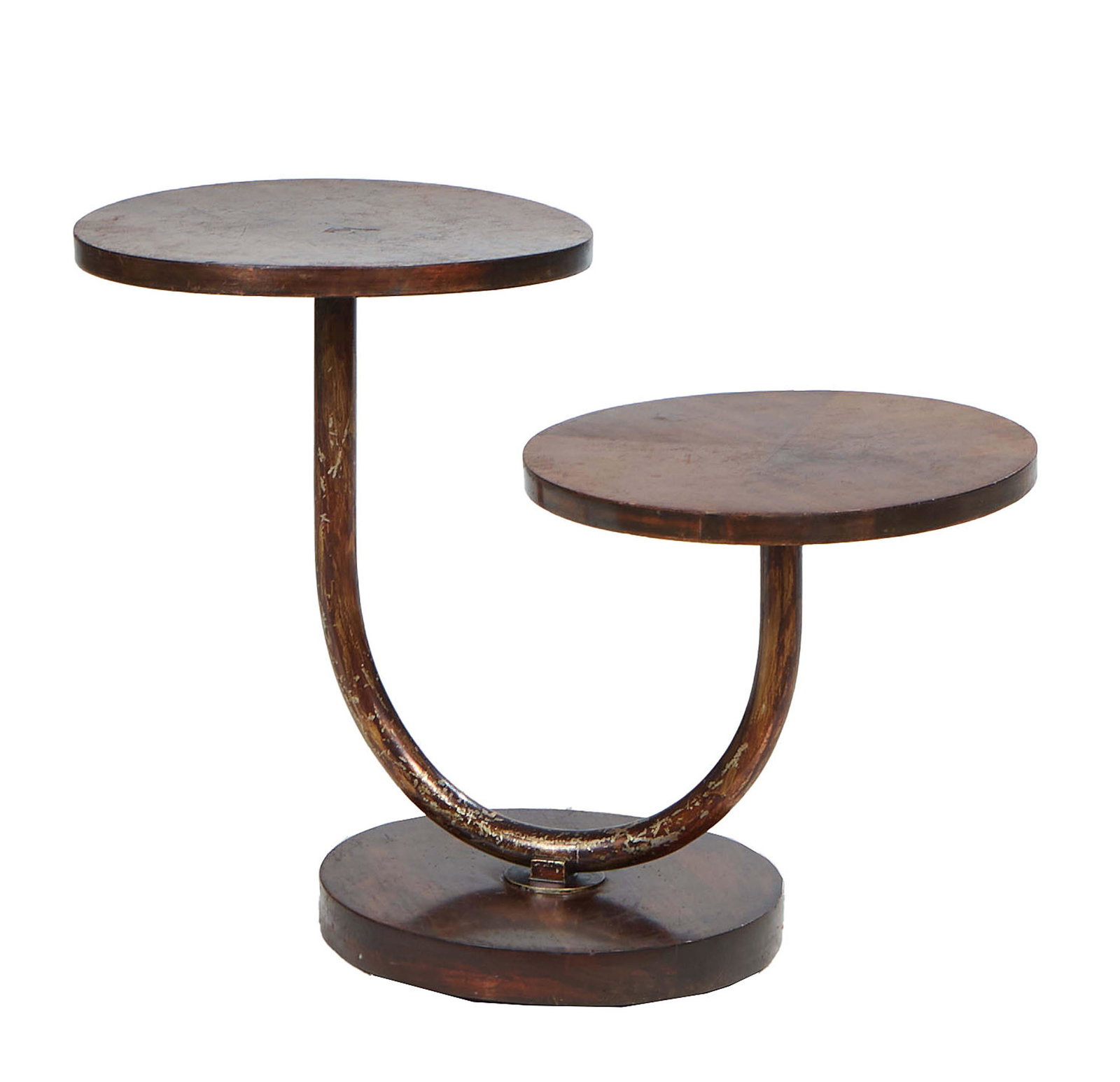 French Art Deco Walnut and Iron Double Pedestal Side Table, c. 1940, the two circular tops staggered (1 of 10)