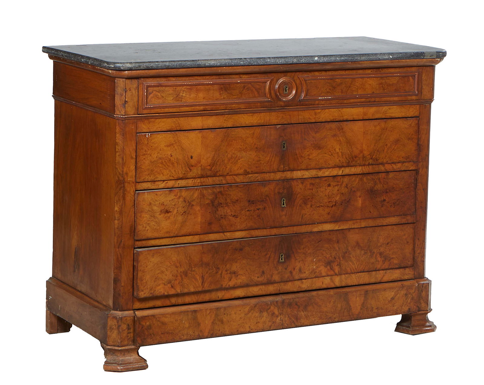 French Louis Philippe Carved Walnut Marble Top Commode, 19th c., the rounded corner and edge figured (1 of 1)
