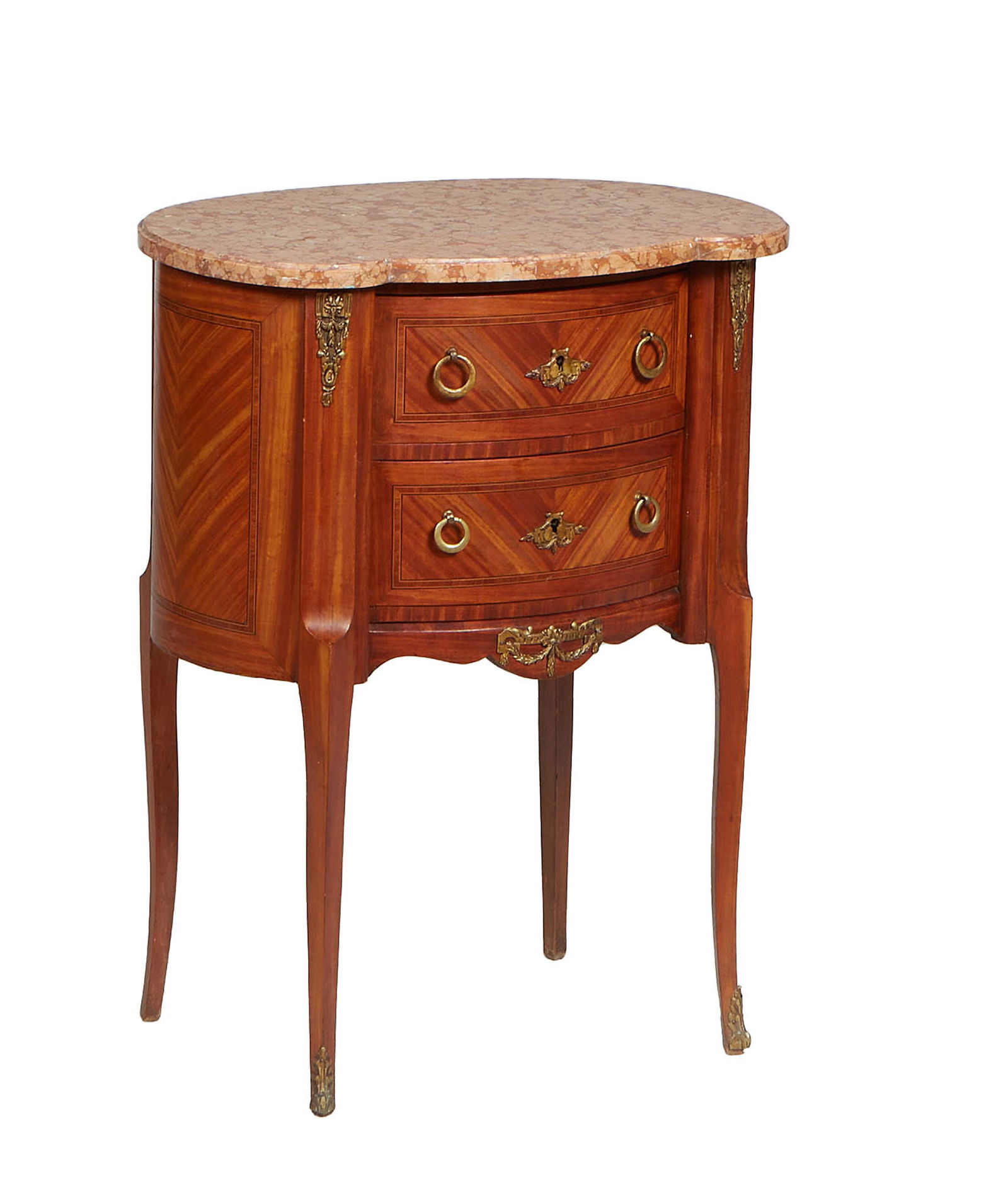 French Louis XV Style Ormolu Mounted Cherry Marble Top Nightstand, 20th c., the ogee edge brown (1 of 1)
