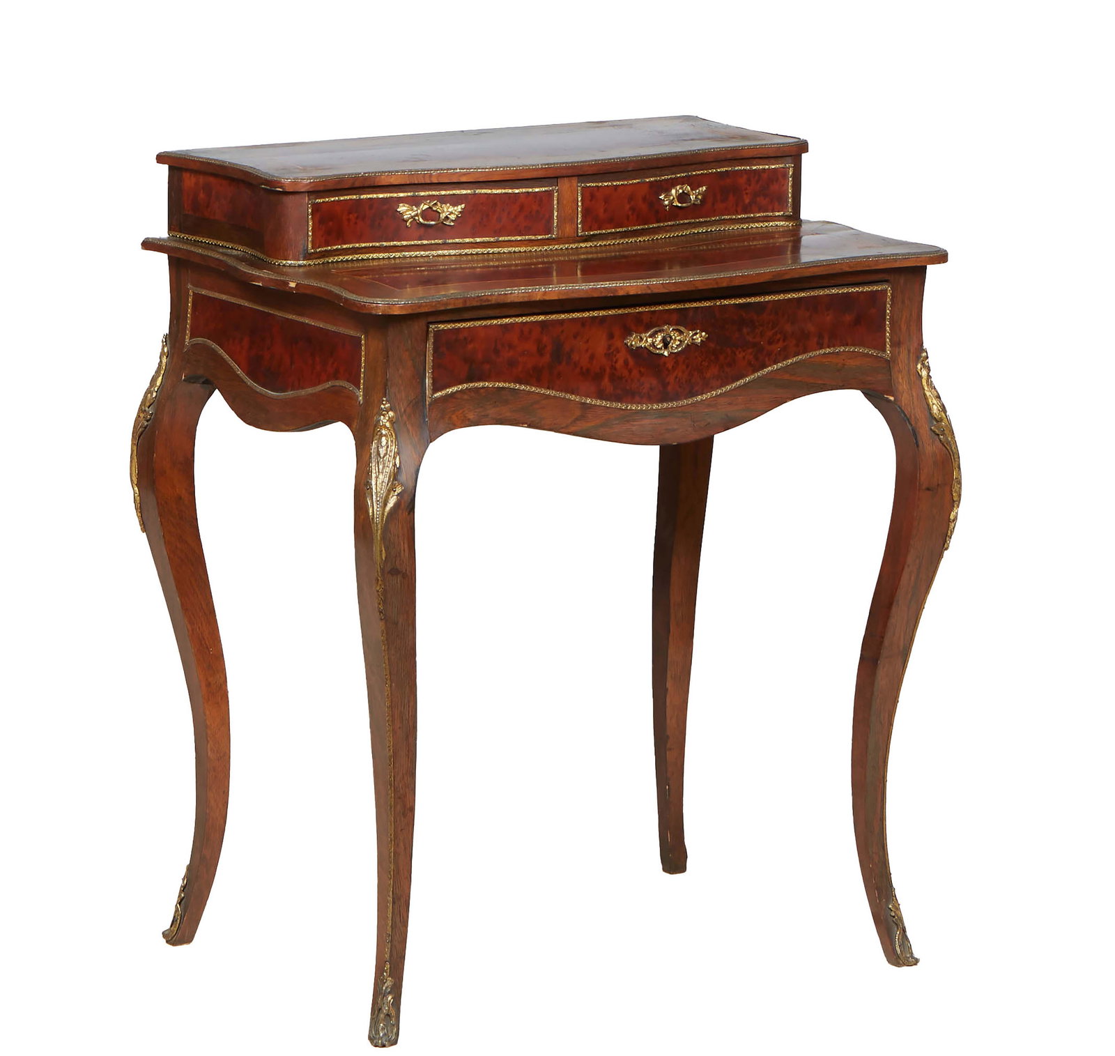 French Inlaid Ormolu Mounted Louis XV Stryle Carved Walnut Secretary, c. 1900, the serpentine ormolu (1 of 1)
