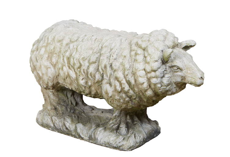 LifeSize Fiberglass Sheep Statue, on an integral rocky base, H. 24 in., W. 44 in., D. 16 in