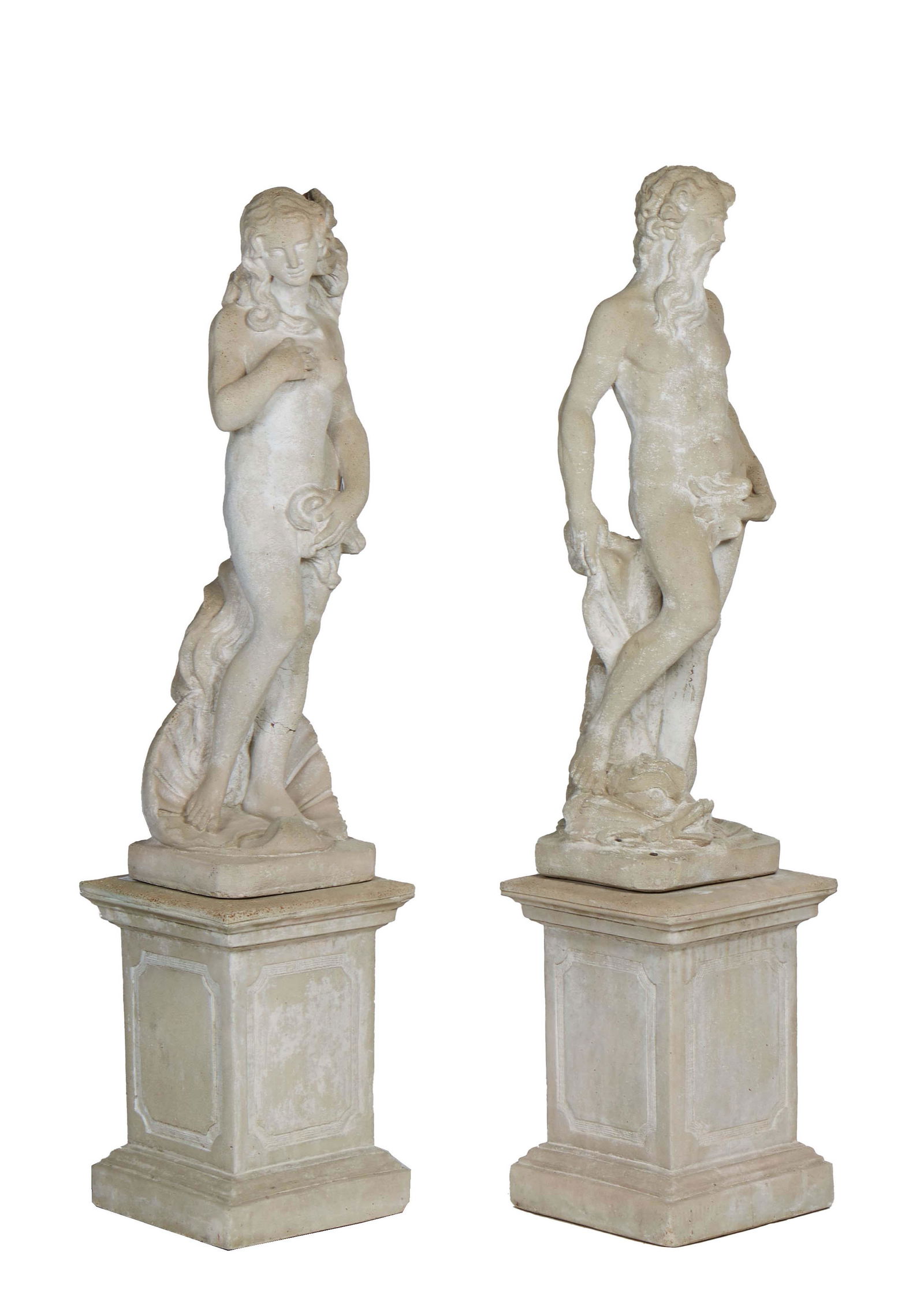 Pair of Cast Stone Nude Neoclassical Garden Statues, 20th c., of Venus, on a large clam shell: Pair of Cast Stone Nude Neoclassical Garden Statues, 20th c., of Venus, on a large clam shell support on an integral octagona plinth; and a male figure standing next to a dolphin fish, on an integral