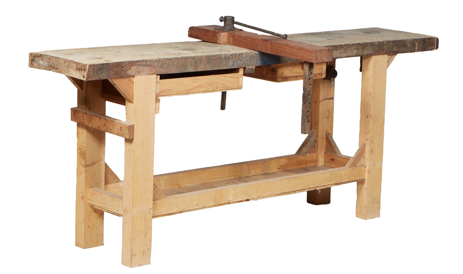 French Provincial Cabinetmaker's Workbench, 19th c., the thick oak top on pine block legs joined by (1 of 1)