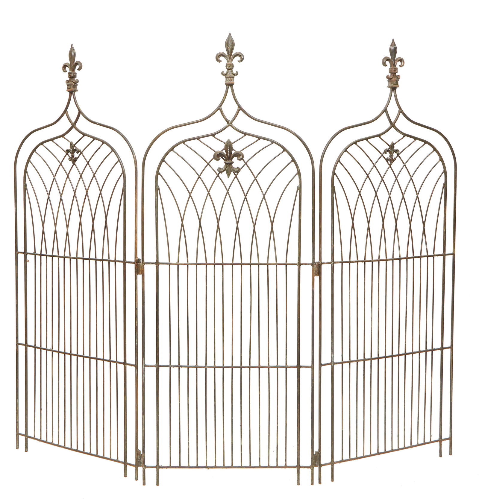 Wrought Iron Folding Three Panel Screen, 20th c., each arched panel topped with a fleur-de-lis above (1 of 1)