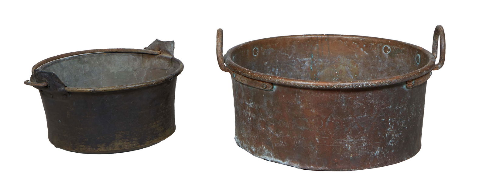 Two Large Iron Pots, 19th c., one with ring handles, one with a folding iron handle, Largest- H.- 17 (1 of 1)