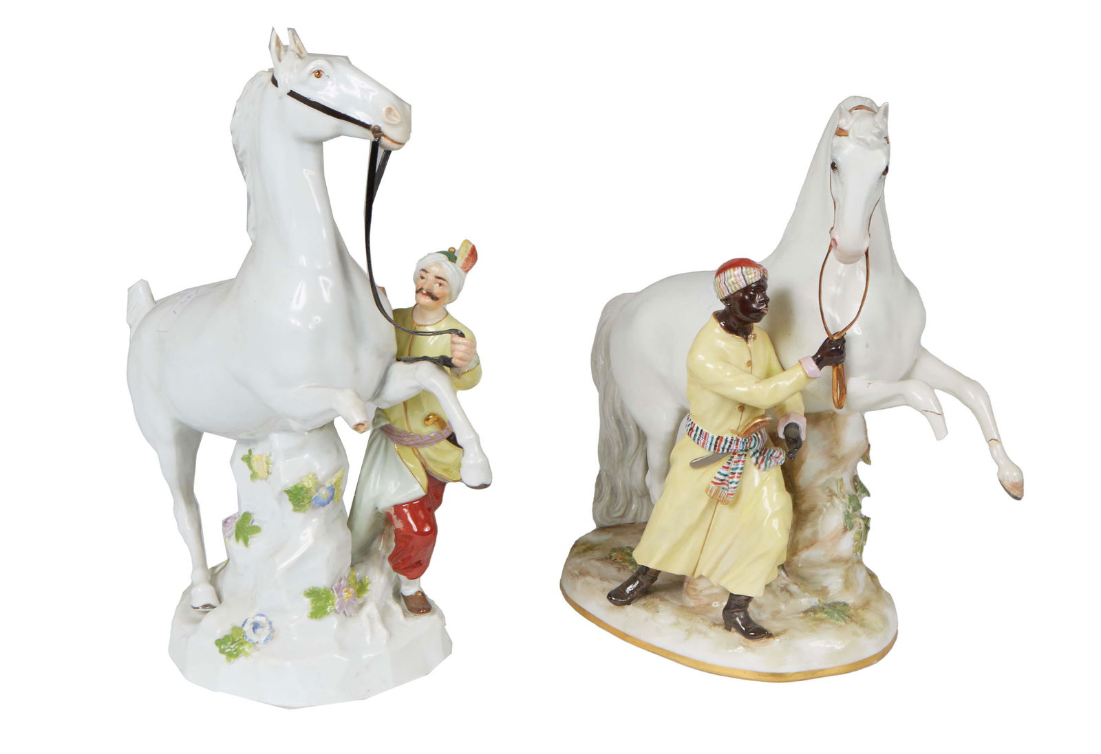 Pair of Meissen Figural Groups, early 20th c., each of a rearing horse on a tree stump support being (1 of 3)