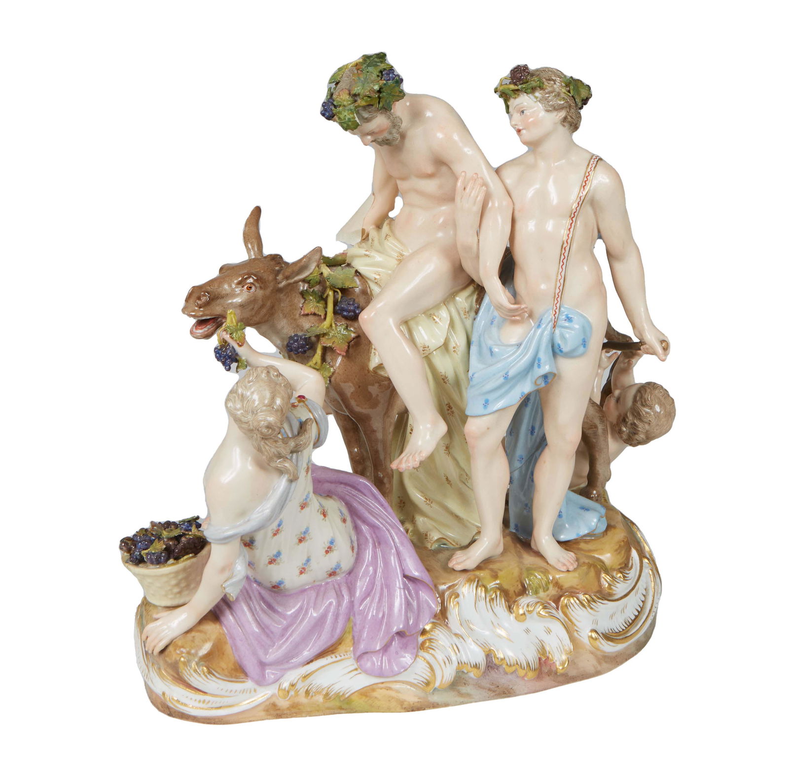 Meissen Figural Group, "Drunken Silenus on a Donkey," early 20th c., accompanied by a young (1 of 3)