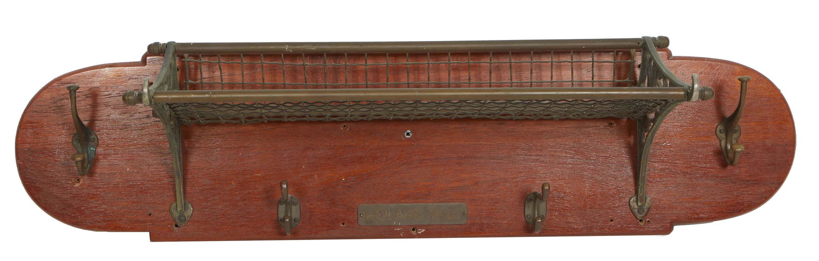 Brass Train First Class Hat Rack, 20th c., with a brass and iron luggage rack on a mahogany back (1 of 1)